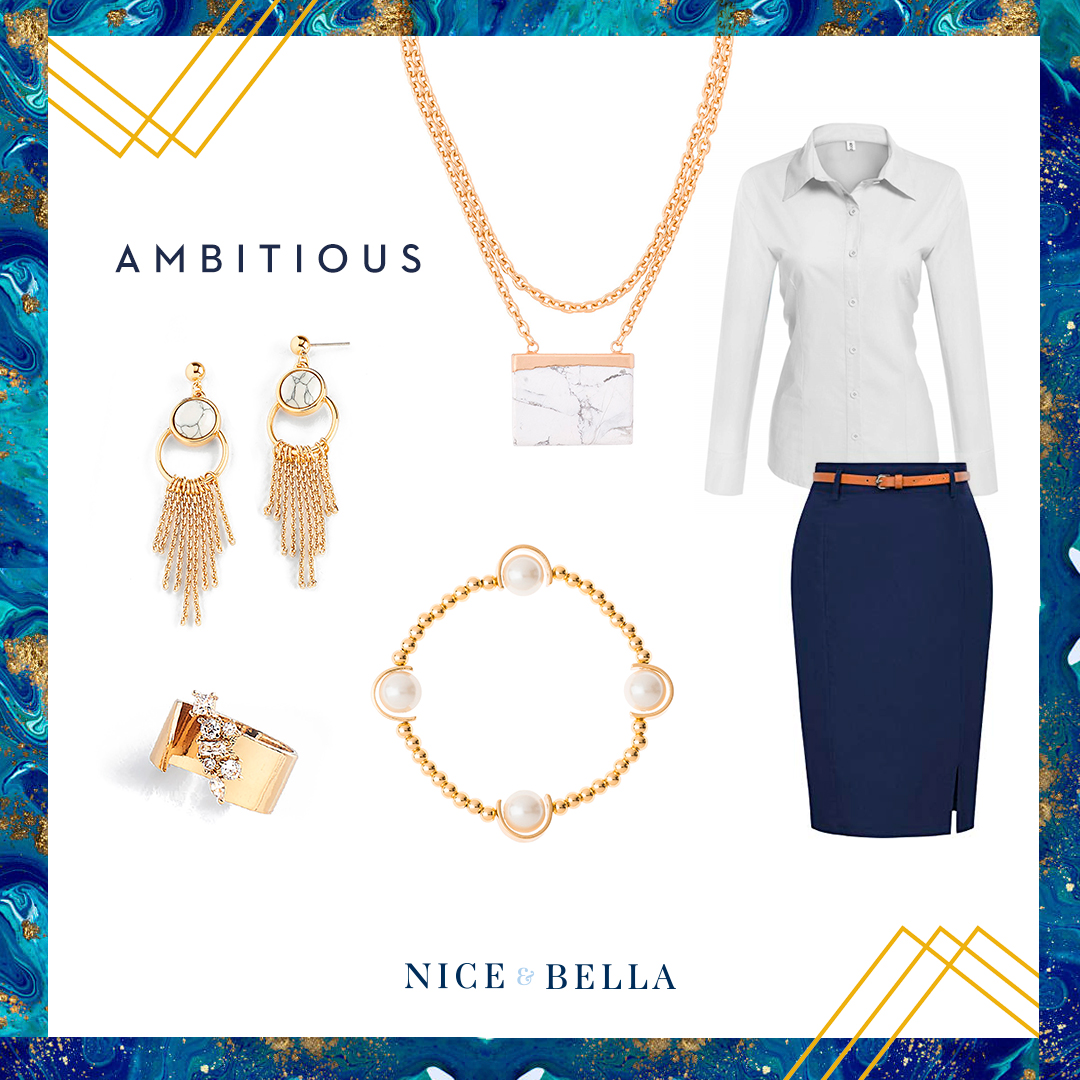 Show your ambition and business power with this classic navy pencil skirt and white button up shirt. This look is paired with marble accented, gold necklace and earrings, pearl bracelet and crystal encrusted ring. SKU’s: 118341, 118344L, 118586, 118276