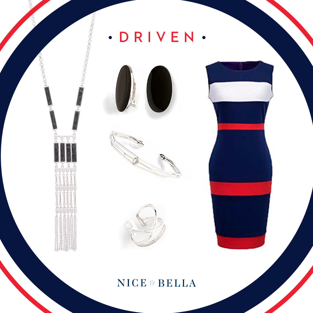 This powerful look displays a stylish, driven woman. The multicolored dress is paired perfectly with muted yet gorgeous rhodium earrings, necklace, bracelet and ring. SKU’S: 118545, 118822L, 118546, 218337