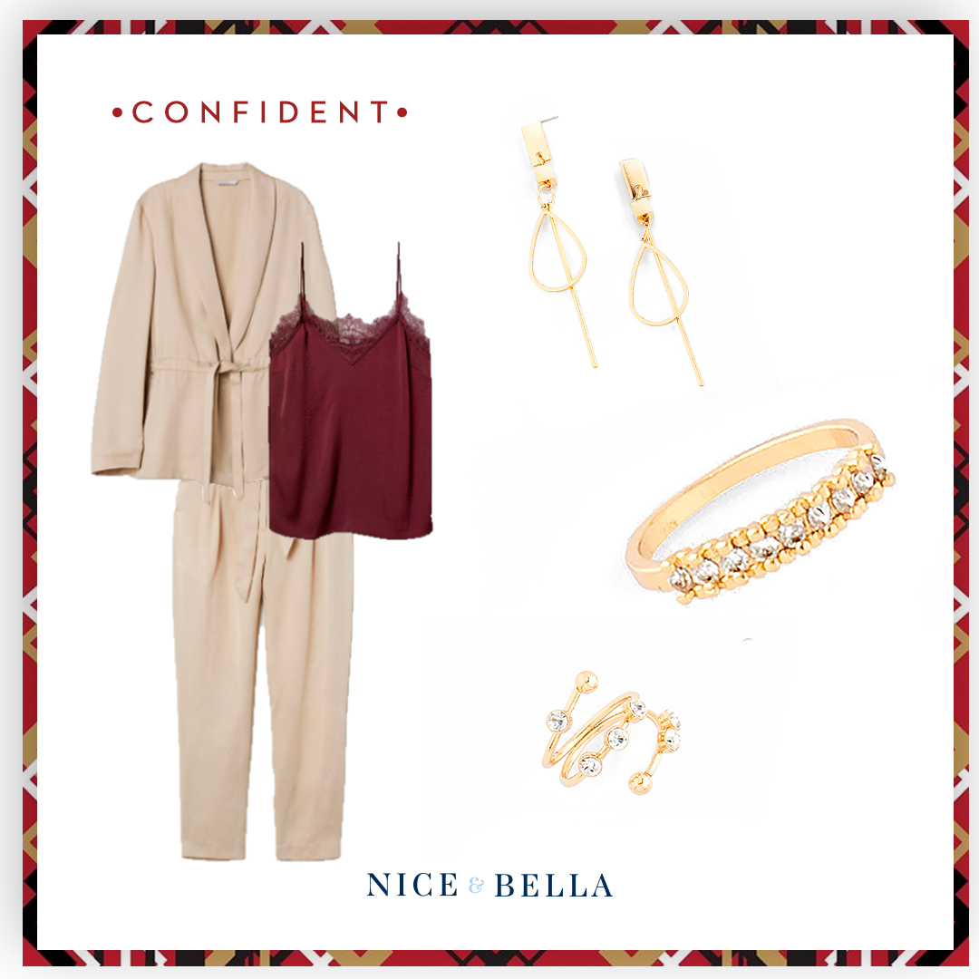 Exude confidence in this business casual look with khaki trousers, jacket and maroon lace shirt. The confident look is paired with delicate gold, drop earrings, and crystal encrusted ring and bracelet. SKU’S: 218044, 218183, 218185