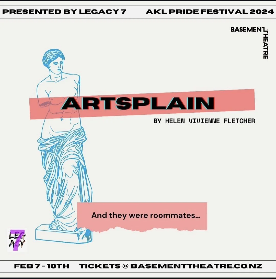 Poster from Legacy 7 for the play Artsplain. Poster imagery includes a line drawing of an armless Greek marble statue of a topless woman. Poster text includes information about the performance and the words "And they were roommates..."