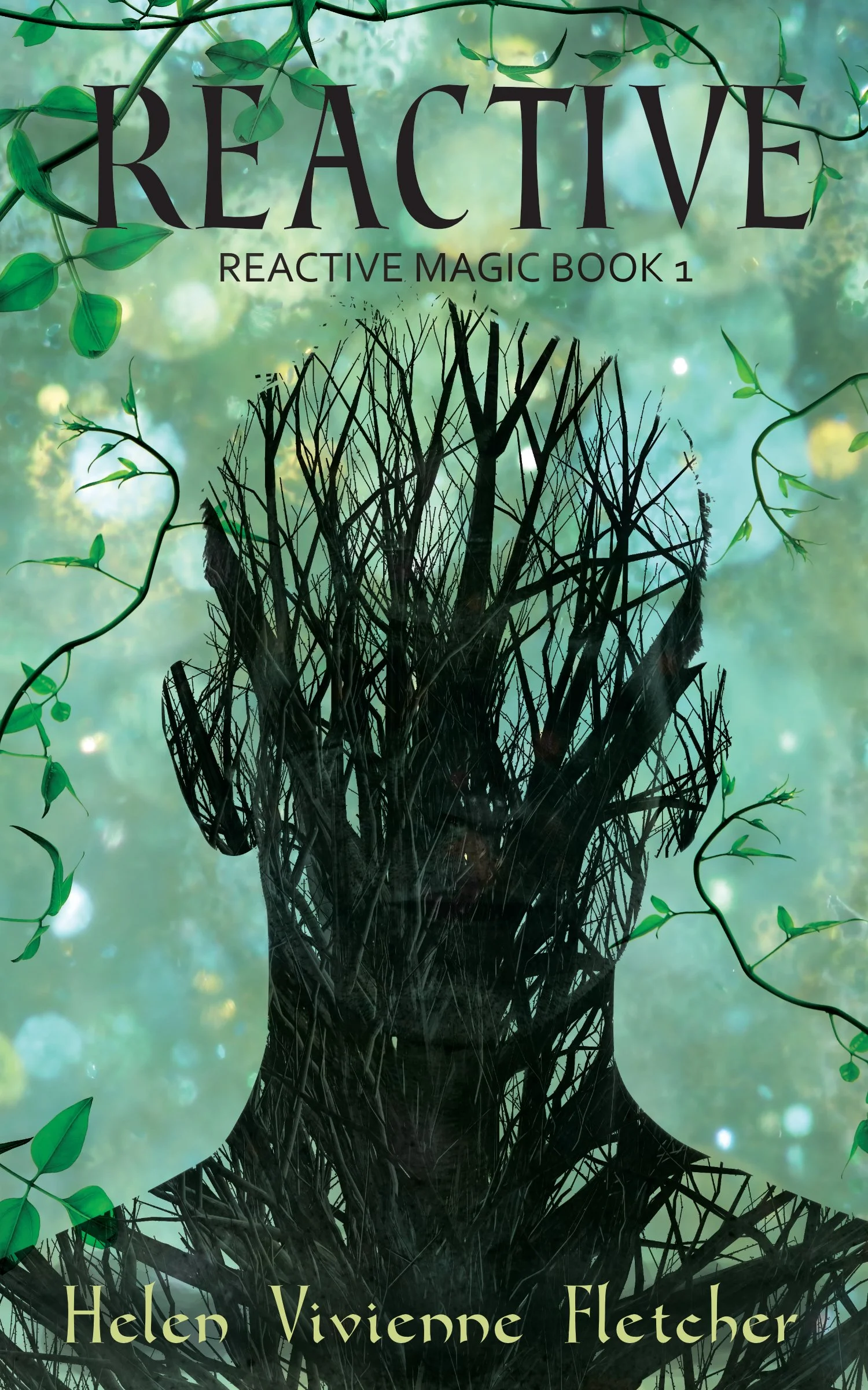 Cover of the book Reactive. Cover imagery includes a face made up of tree branches on a sparkly green background.