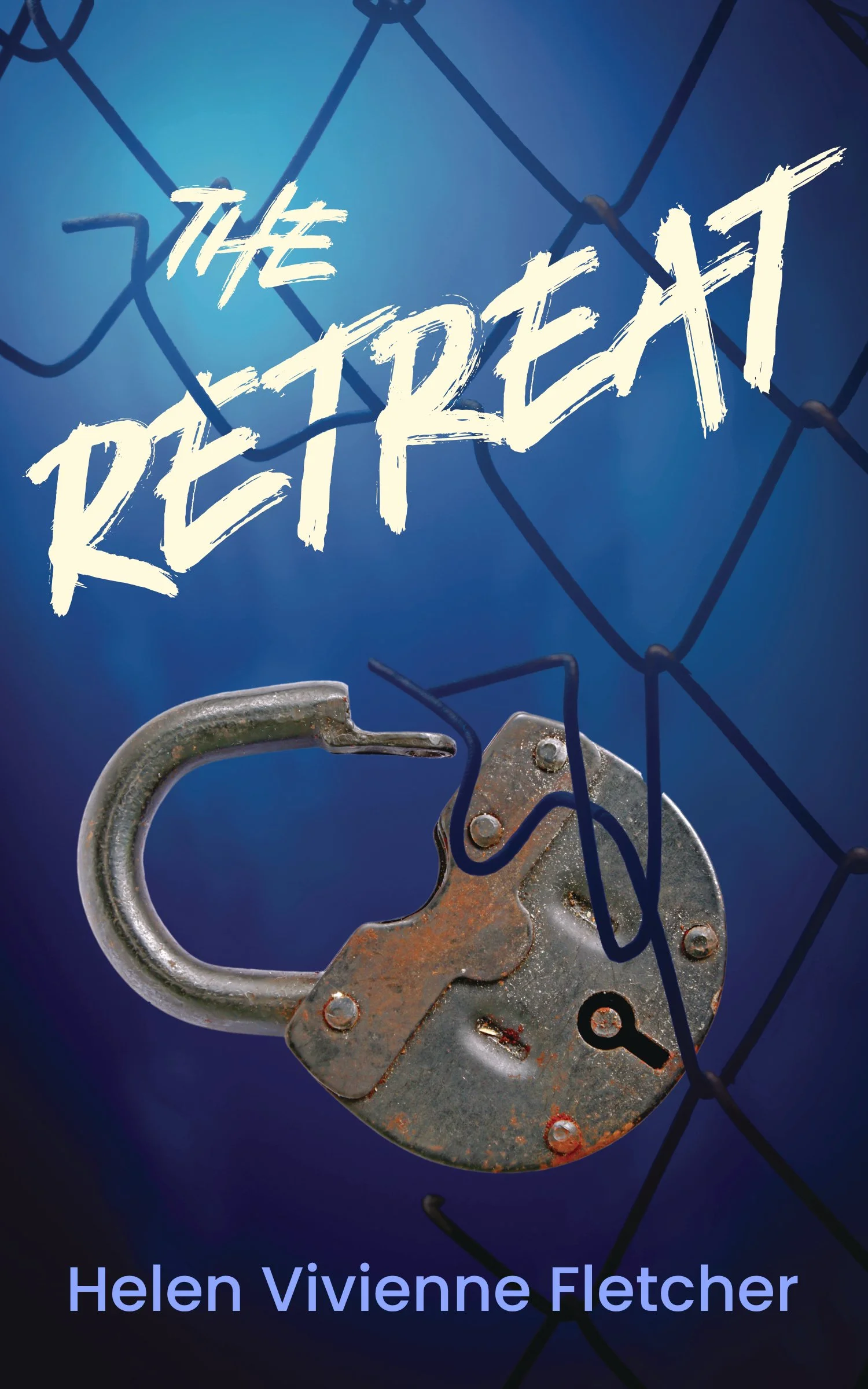 Cover for the book The Retreat by Helen Vivienne Fletcher. Cover imagery includes a chain link fence and an open padlock.