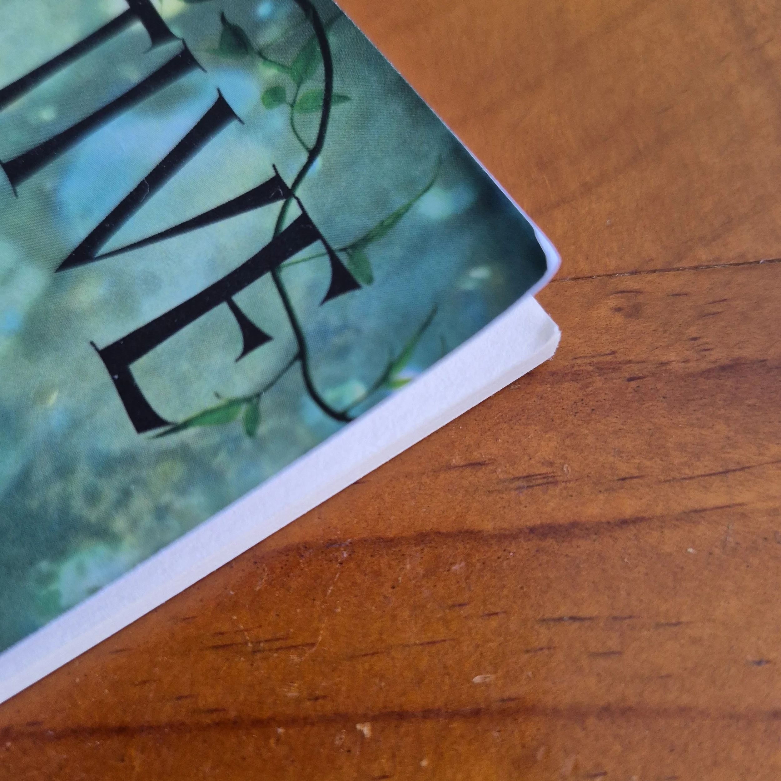 The corner of a book against a wooden background. The corner is bent slightly, damaging the edge.