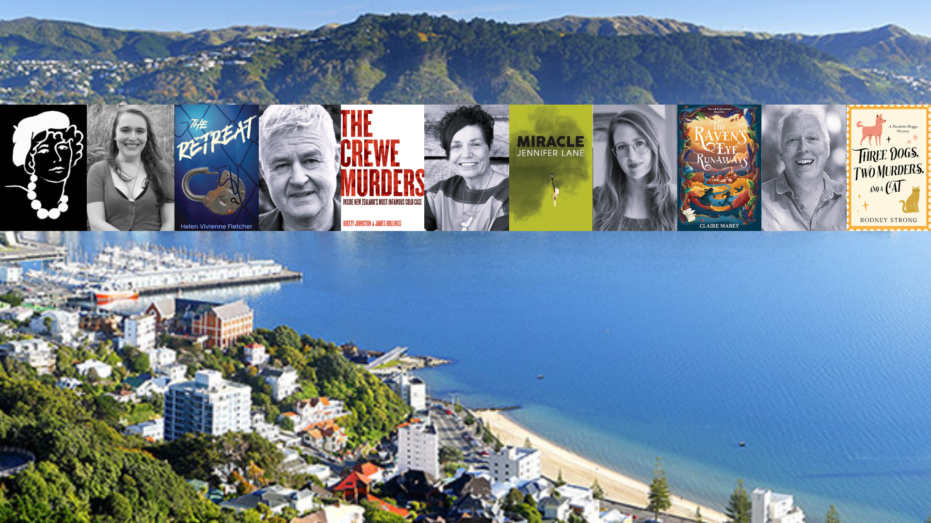 Five authors next to their books superimposed over an image of Wellington city.