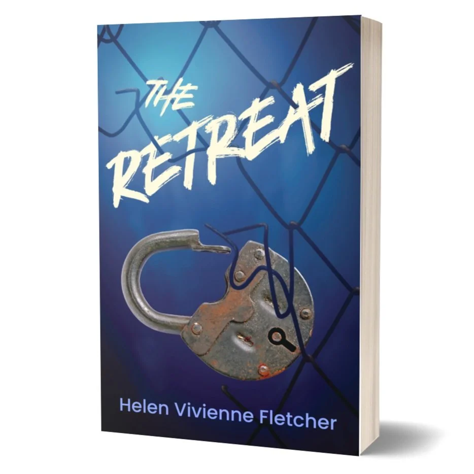 3D Cover for the book The Retreat by Helen Vivienne Fletcher. Cover imagery includes a chain link fence and an open padlock.