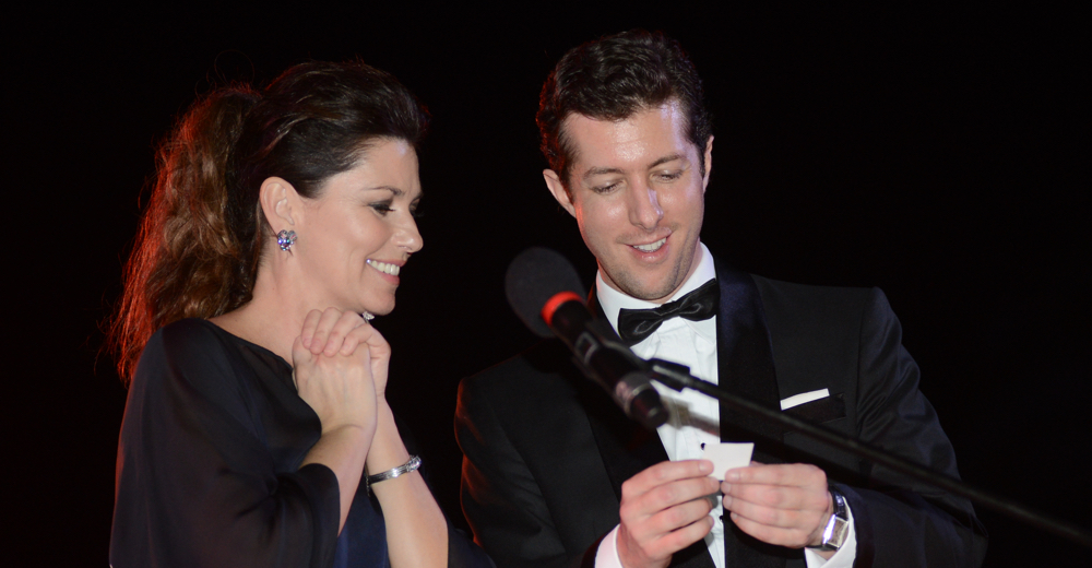 Shania Twain and Werner Gruner picking the winners of the raffle who would get a chance to see her perform live at Caesars Palace in Las Vegas. Proceeds were donated to Shania Kids Can US Ltd. Visit: www.shaniakidscan.com