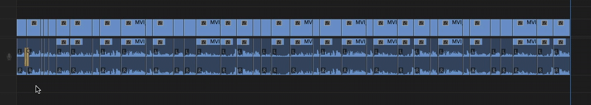 Hold Command (Control on PC) then click and drag to select all the cuts you want to affect. Then you can paste a transition onto all of them at the same time!