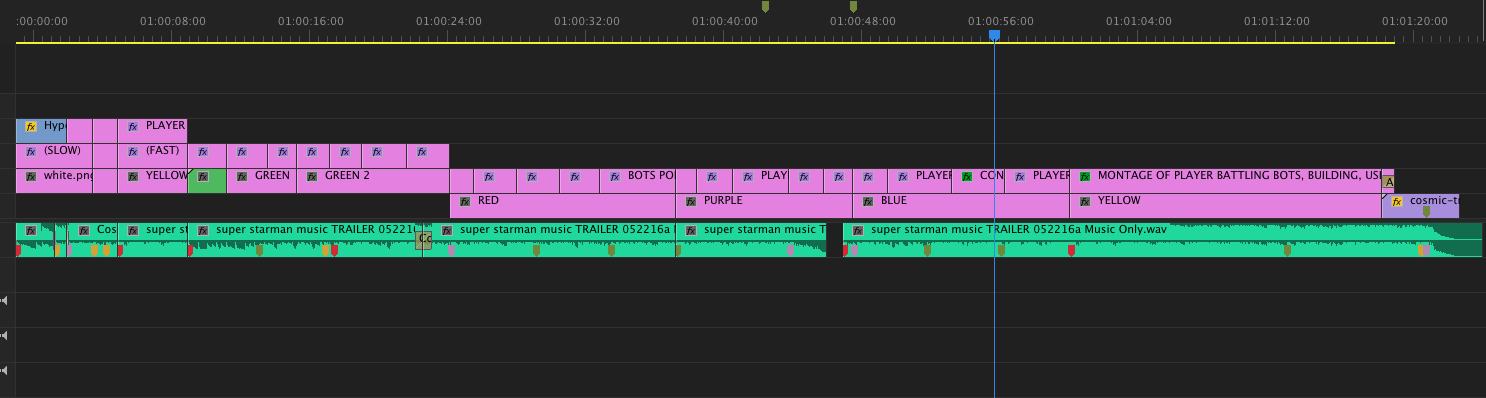 An early timeline with color mattes behind text indicating shot ideas for that particular section. This rough outline was sent to the composer.