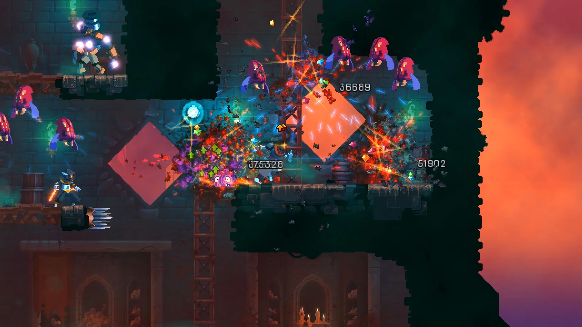 Shots in Dead Cells can very easily look incredibly busy, so I had to mitigate it in every way possible for visual clarity and readability. This is an unused shot where I had the damage set INCREDIBLY high via the debug tools.