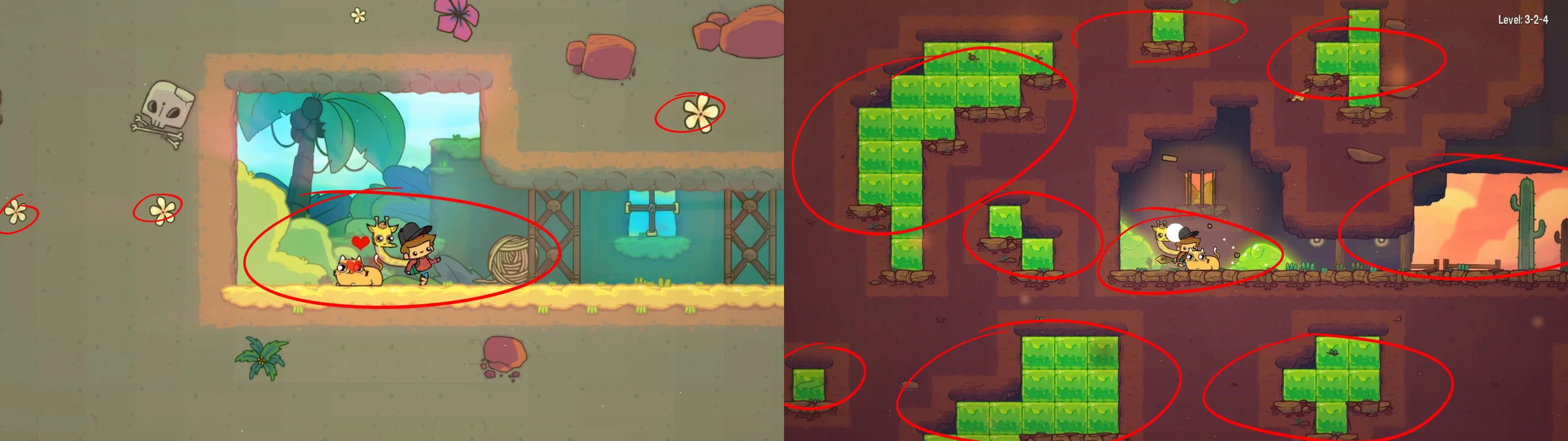 These shots are ostensibly the same, but the bright green areas draw so much more attention, so I used the left shot in the trailer.