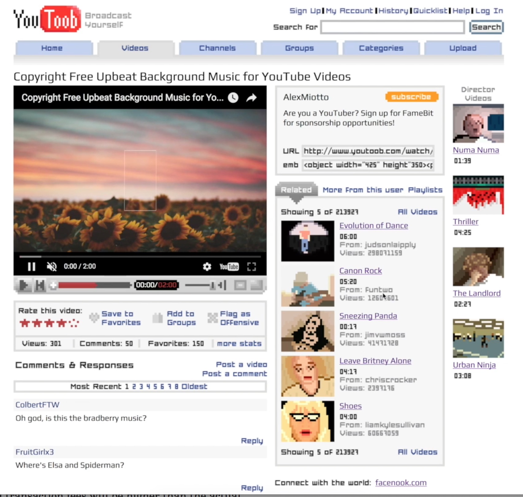 This is a very busy frame, but the shot is successful because we're used to looking at YouTube pages, and the idea is simply: "Look at this old YouTube page!"