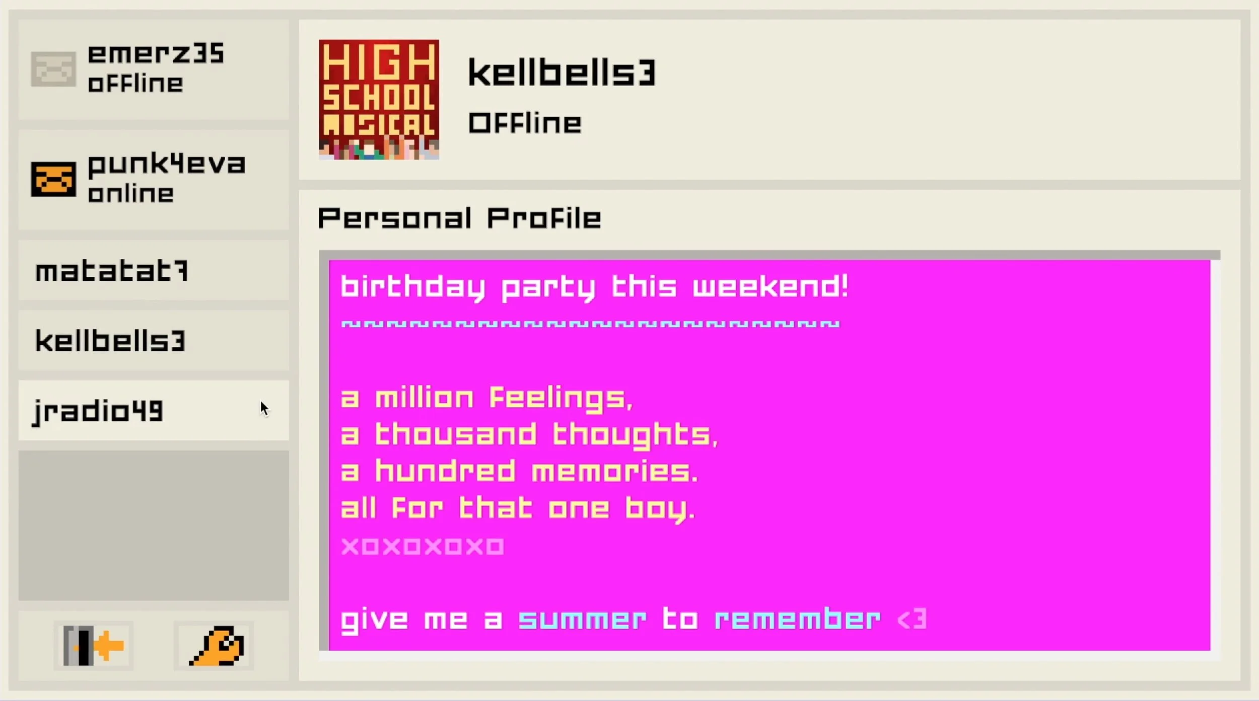 The idea in this shot is: "Remember AIM profiles?" which comes across quickly when put into a montage.