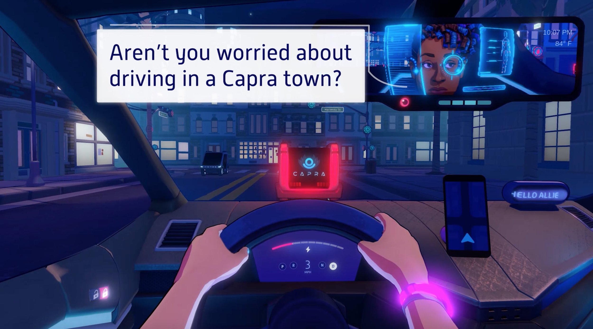 This is a custom made shot. The Capra car visual works together with the dialogue, thus emphasizing the story beat.