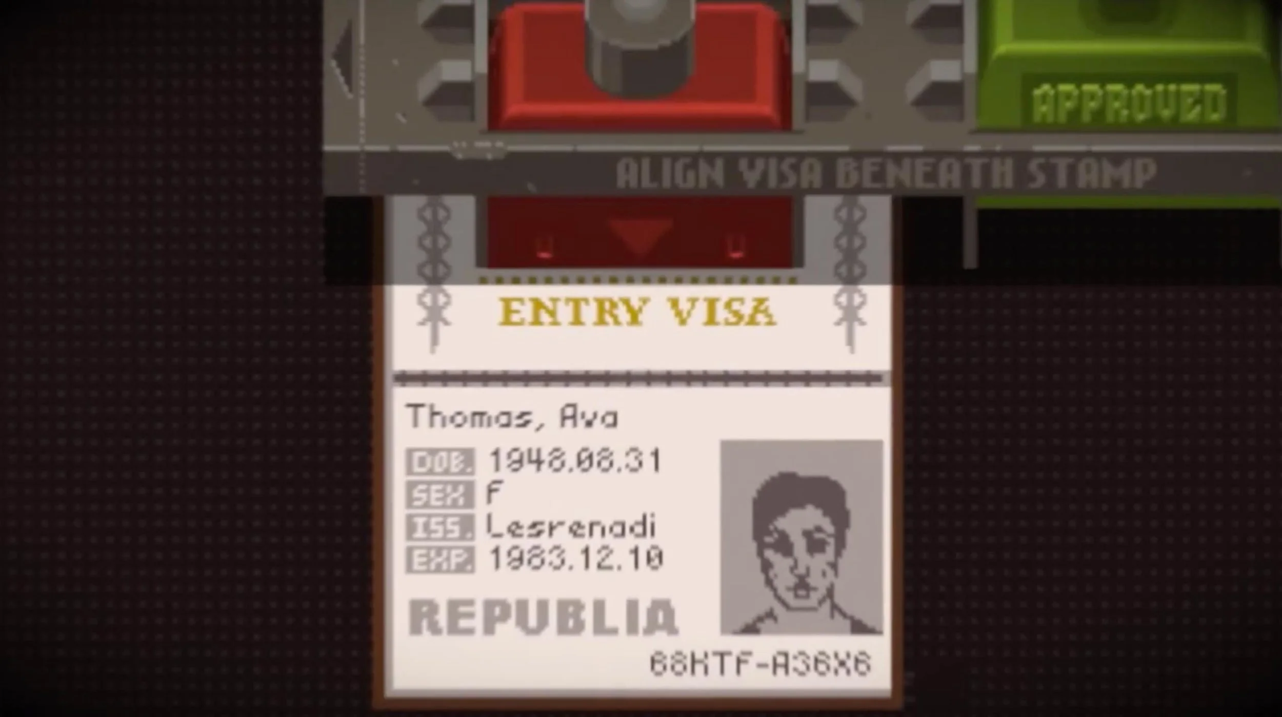 In the game, the passport can be placed in this space anywhere, and the stamp doesn't have to be made precisely in the box, but doing it this way makes it very clear, and adds a bit of personality to the character.