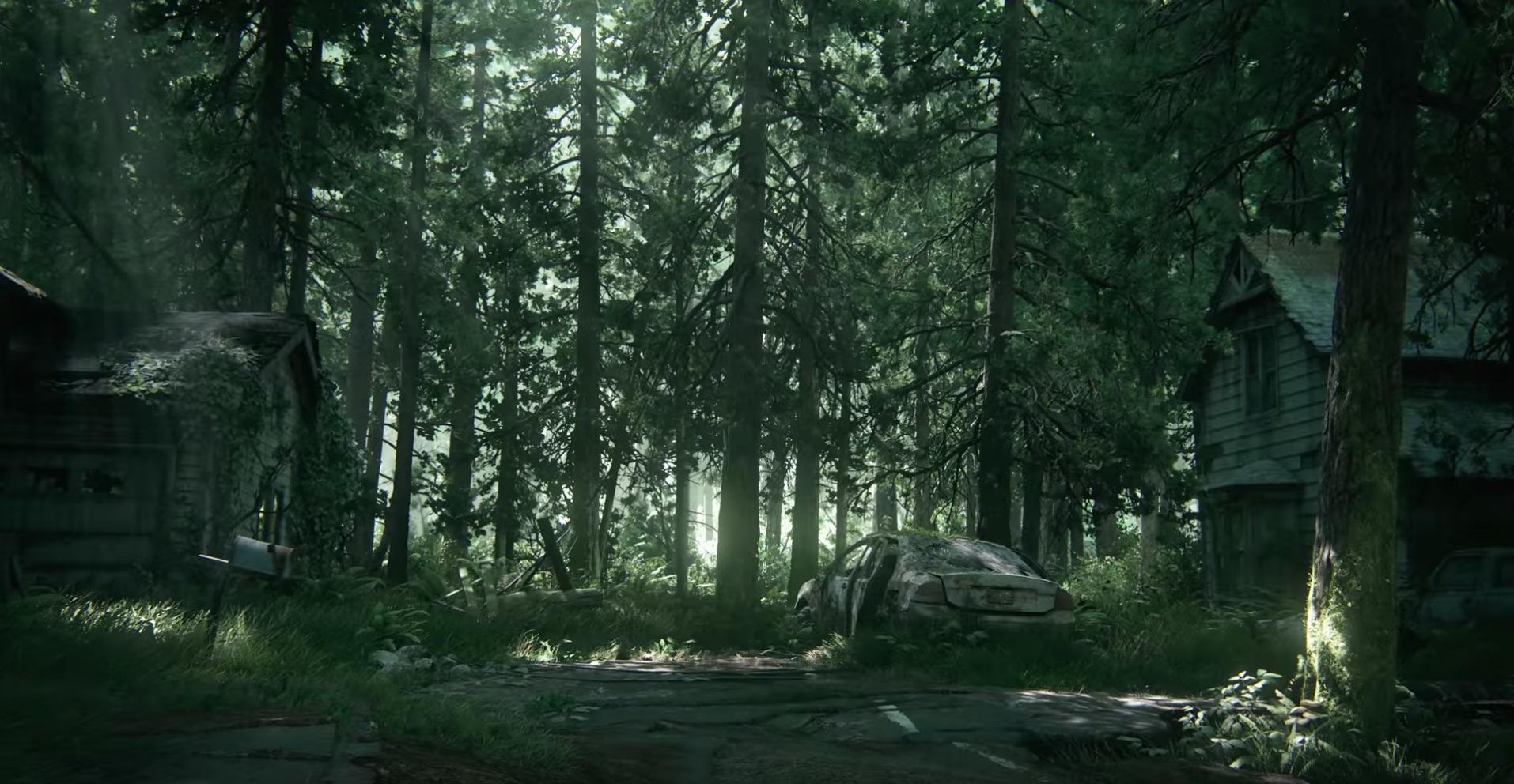 The third and fourth shots include a downed telephone pole and an old, abandoned car, and abandoned houses; we now know this takes place in the modern era or long after it, but still we're short on details.
