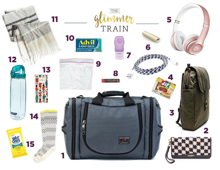 1) Tom Bihn Aeronaut 45 in Steel. 2) Spartina 449 Continental Clutch in Ellis Square. 3) Filson Daypack Light in Otter Green. 4) JIF to Go Natural Peanut Butter. 5) Beats Solo3 Headphones in Rose Gold via Apple. 6) Anker PowerCore+ Portable Charger in Golden & Eastern Collective Ghost Apple iPhone Lightning Cable. 7) Bocco Squeezeable Leakproof Bottles. 8) Burt's Bees Tinted Lip Balm. 9) Ziploc Bag. 10) Advil Liqui-Gels. 11) Merona Gray and White Oversize Scarf via Target. 12) Nalgene Seaport On the Fly Water Bottle. 13) Cath Kidston Guards & Friends Pocket Tissues. 14) Sockwell Goodhew Graduated Compression Socks via Nordstrom. 15) Wet Ones Antibacterial Hand Wipes. {images courtesy of companies listed}