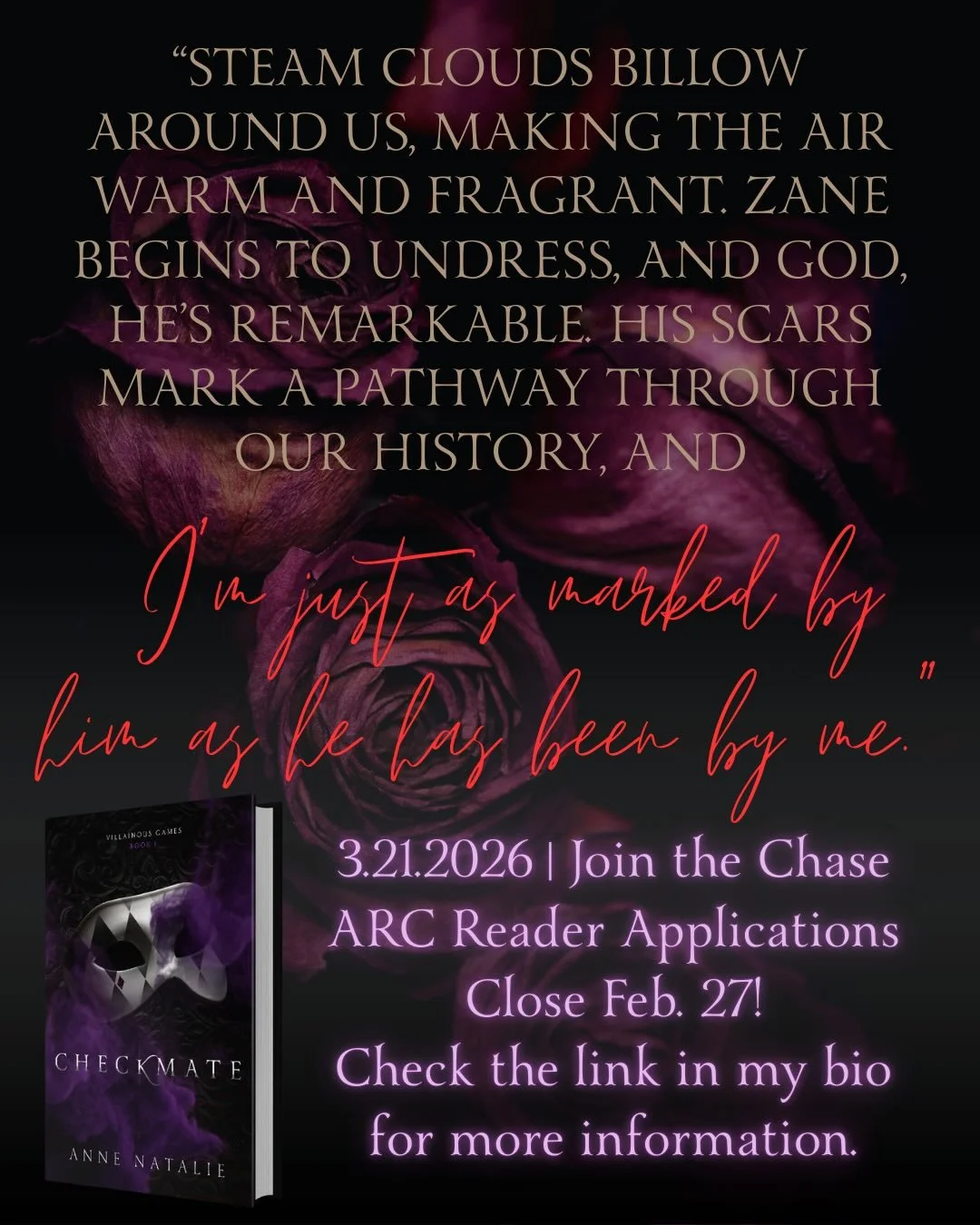 The deadline is quickly approaching and I want YOU to be an ARC reader!

CHECKMATE is for you if you:

Always Fall In Love with the Villain
💜 Want Equally Obsessed, Morally Gray MCs
🖤 Love Secret Identities, Superheroes, and Assassins
💜 Enjoy Figh