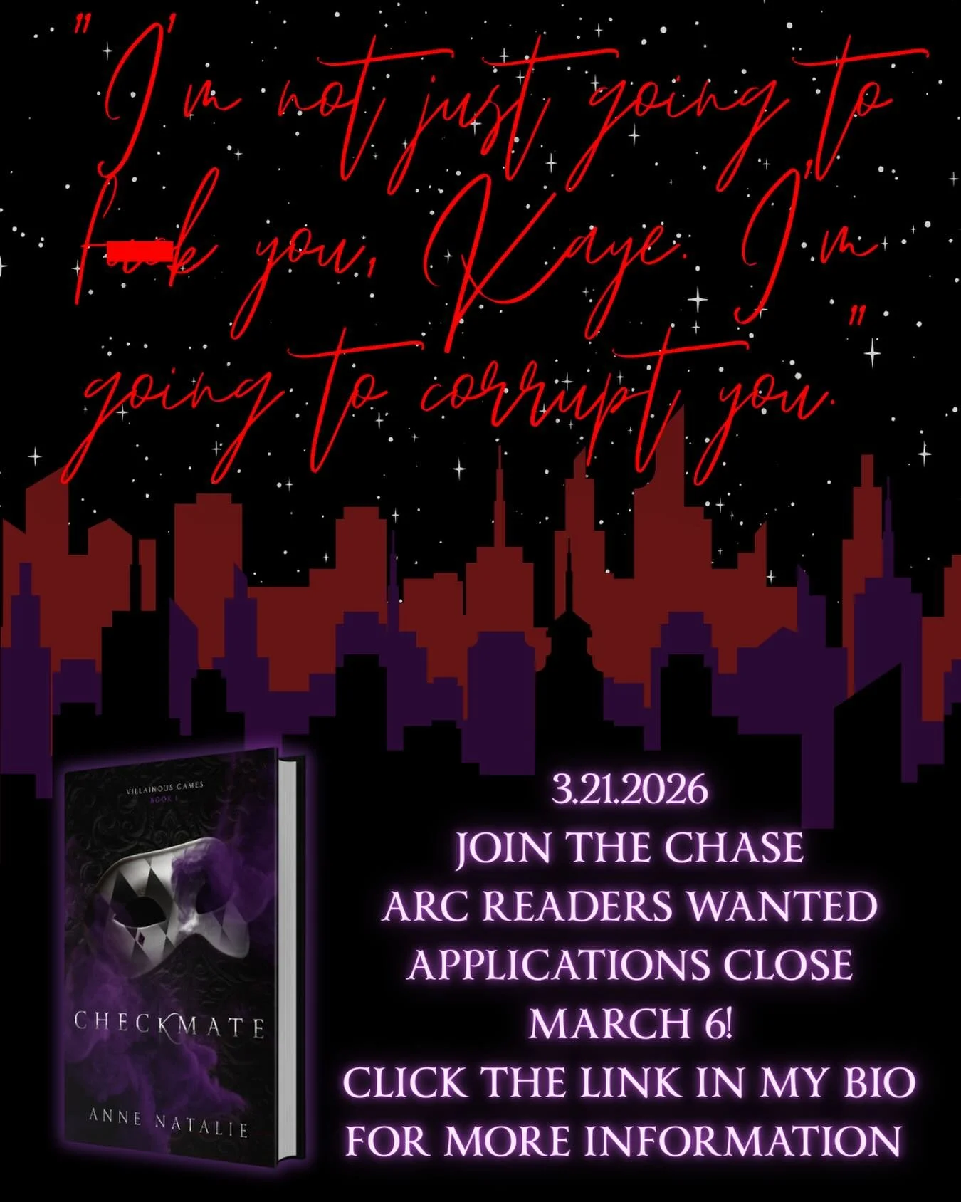 Is it hot in here, or is it just me? 🔥🔥🔥

CHECKMATE RELEASES IN 30 DAYS!!!

ARC READERS! The application deadline is March 6. Sign up at the link in my bio!

GIVEAWAY:
ARCs will go out on March 7, and TWO lucky ARC Readers who post their reviews a