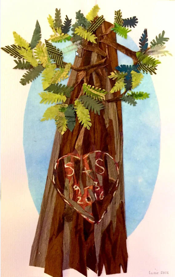  A couple in California wanted a wedding in the redwoods. The idea for the design was theirs and I implemented, with paper collage 