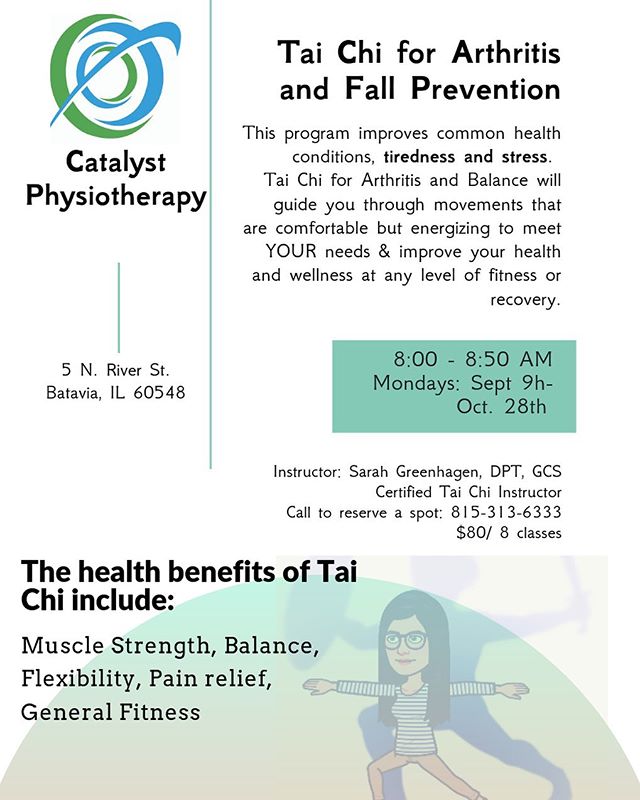 Tai Chi for arthritis and fall prevention will start on Monday mornings in our Batavia clinic September 9. Only 8 spots left!! Call now to reserve your place. #MOVECatalyst ##RECOVERCatalyst