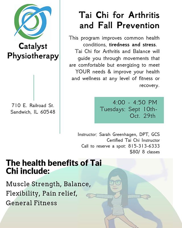 Tai Chi for arthritis and fall prevention starts Tuesday afternoons in our Sandwich clinic September 10. Only 5 spots left!!! Call now to reserve your place #MOVECatalyst #RECOVERCatalyst