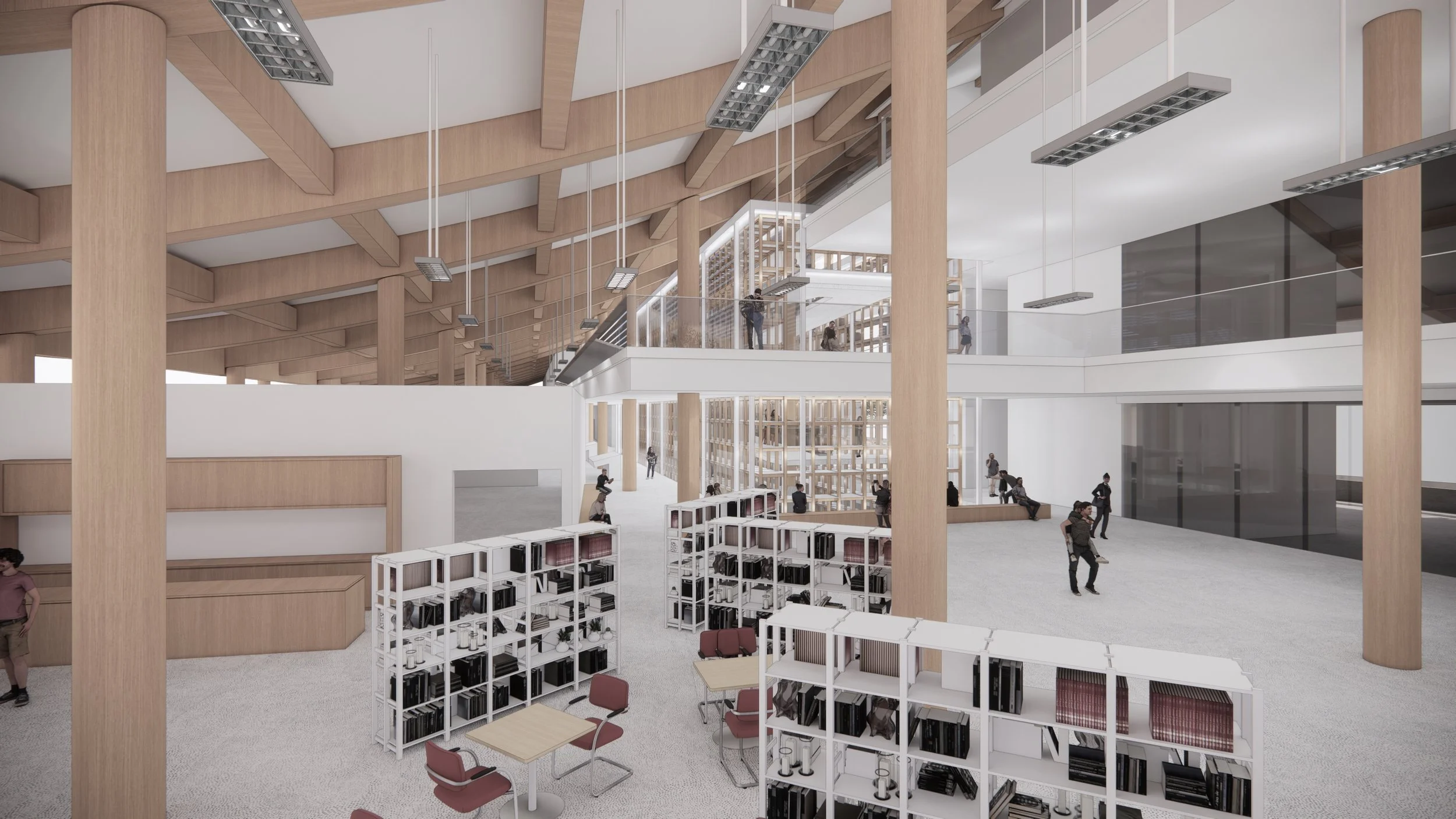  메인로비에서 에포케 전시물과 나무로 된 구조체를 바라보다   View of the Epoché exhibits and wooden structures in the main lobby.  