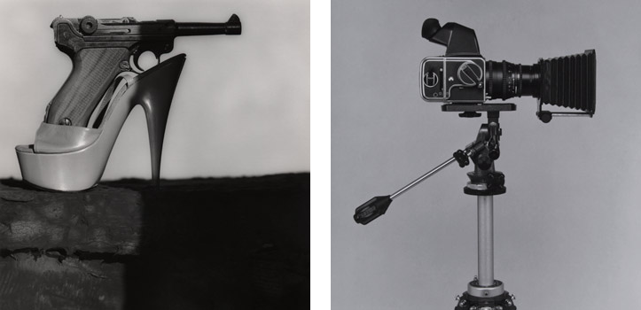 (L) Stiletto with Gun , 1990; Gelatin silver print; 24 x 20" (61 x 50.8cm); Edition of 10, 2 AP (R) Robert's camera , 1989; Gelatin silver print; 20 x 16" (50.8 x 40.6cm); Edition of 3, 1 AP