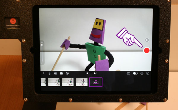 Tap the red button to capture a frame of animation on the iPad.