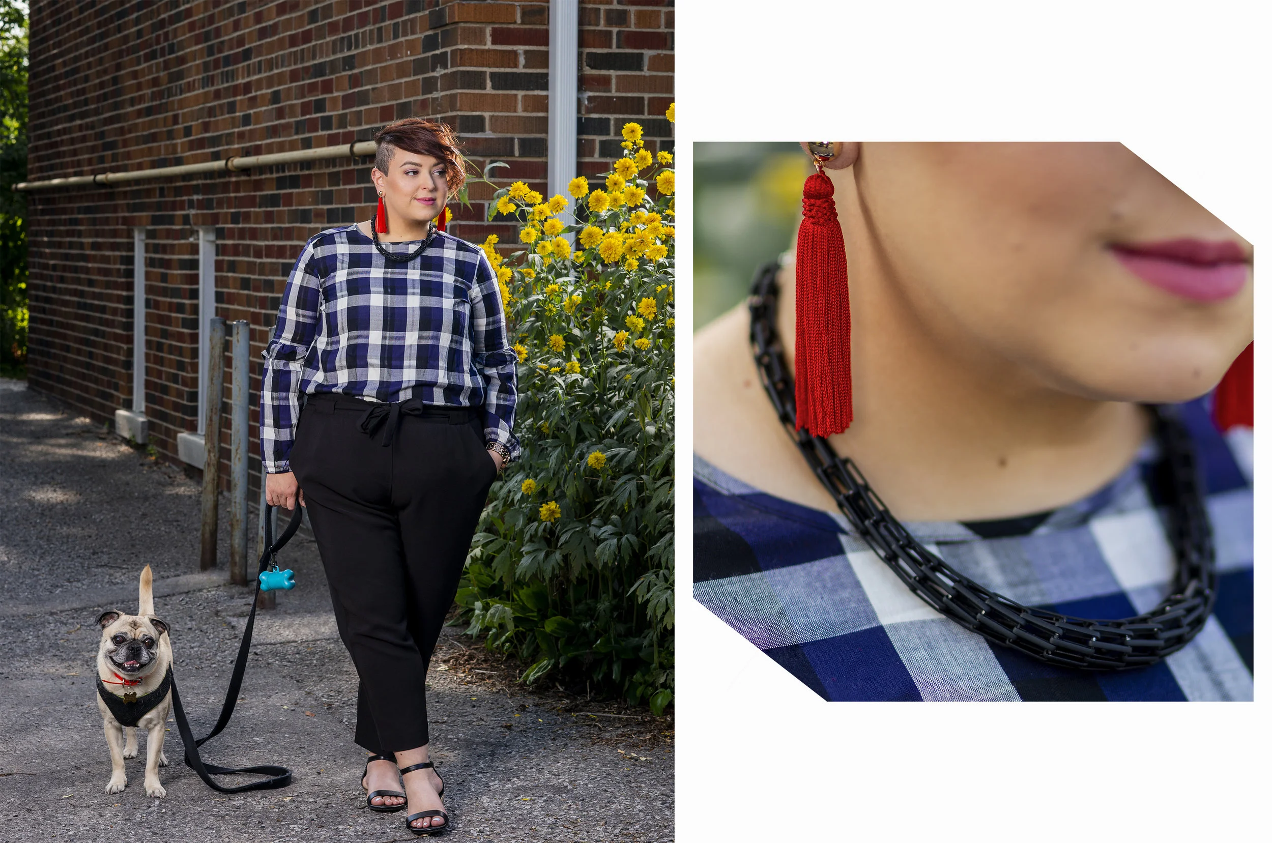 top, pants and necklace - Reitmans | earrings - Aldo Accessories | shoes - Le Château | dog - Wilbur