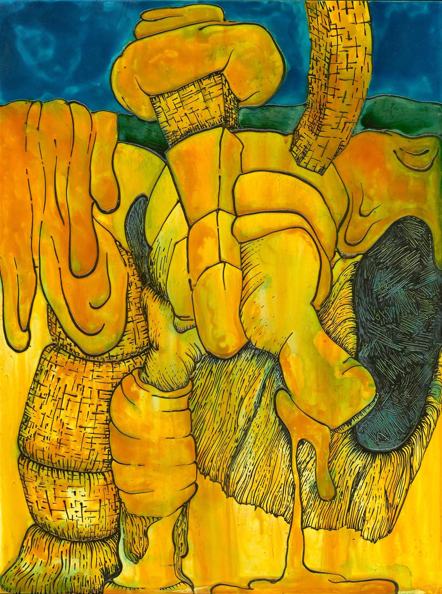 Yellow_Gold_Turquoise Drip 2015 acrylic 24 X 18"