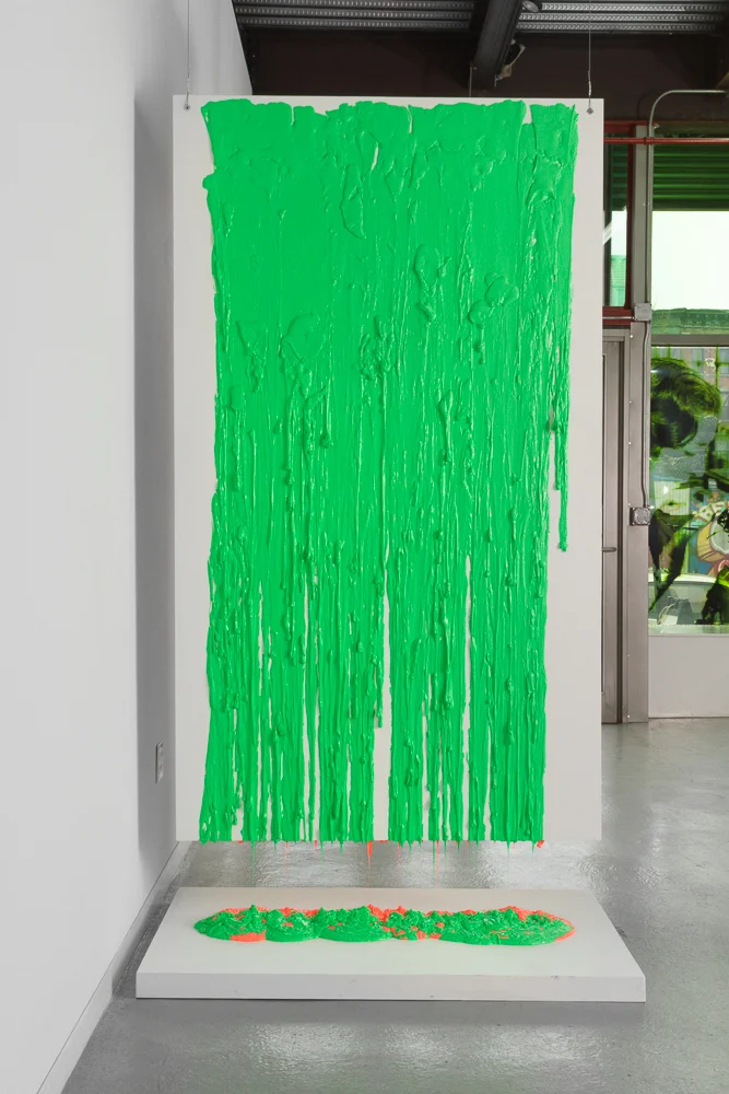 Putty Installation #1, Hot Pink _Lime Yellow 2018 silicone putty 92 X 50 X 31.5”
