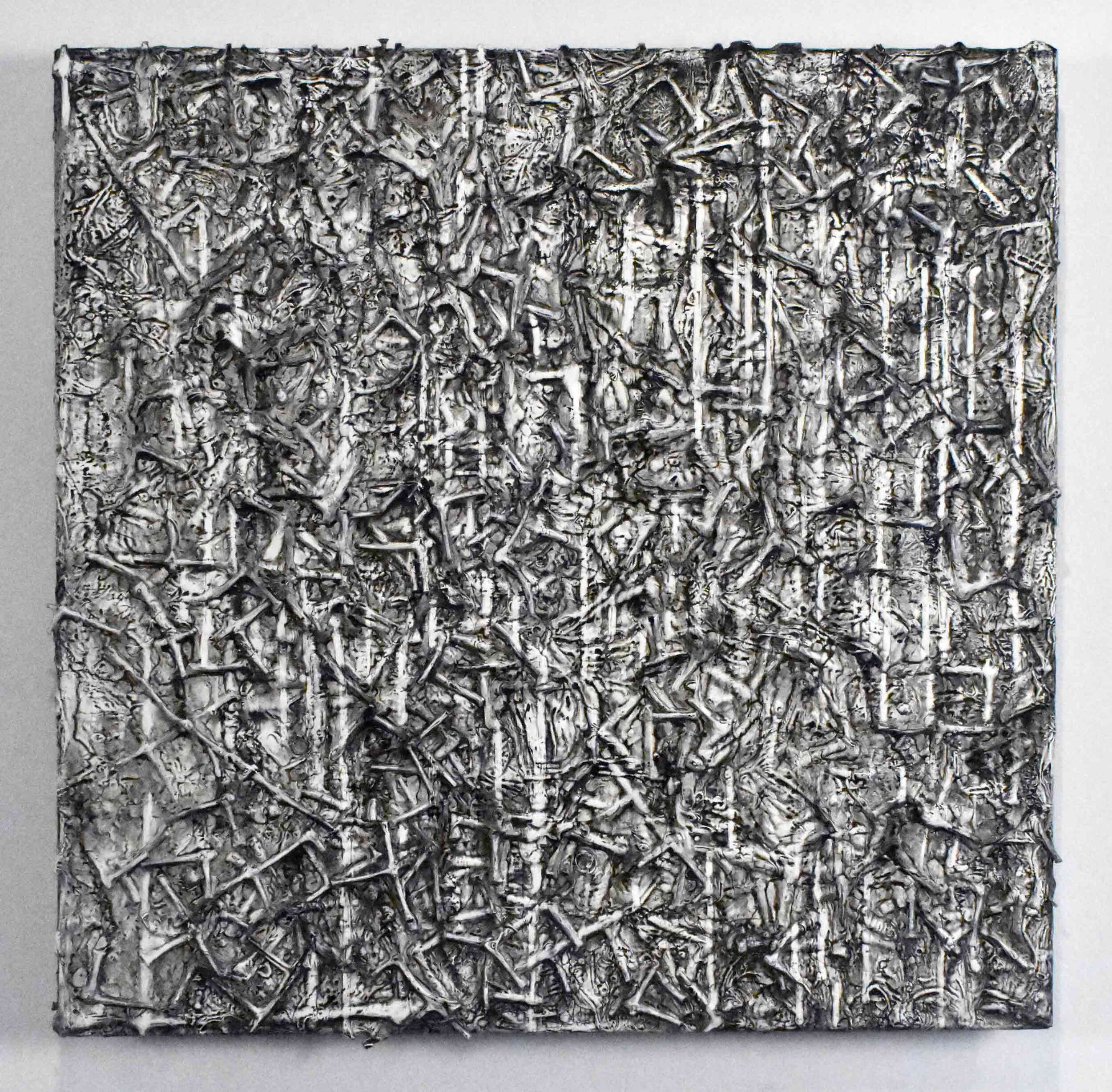   Disruption 1_Black and White   2020  wood, acrylic, clay  24 x 24” 