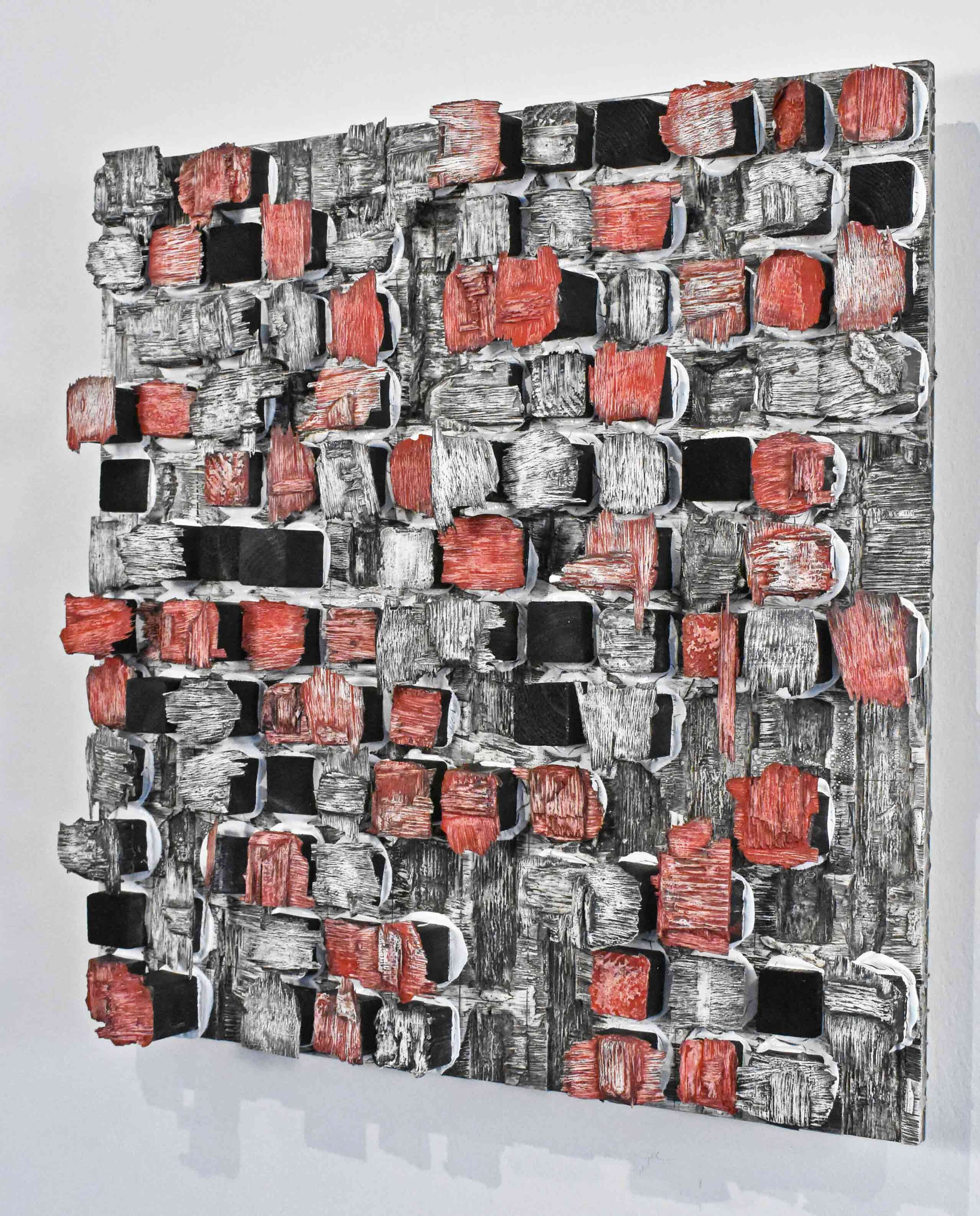   Blocks 3_Black, White and Cadmium Red   2020  wood, acrylic, clay  24 x 24” 