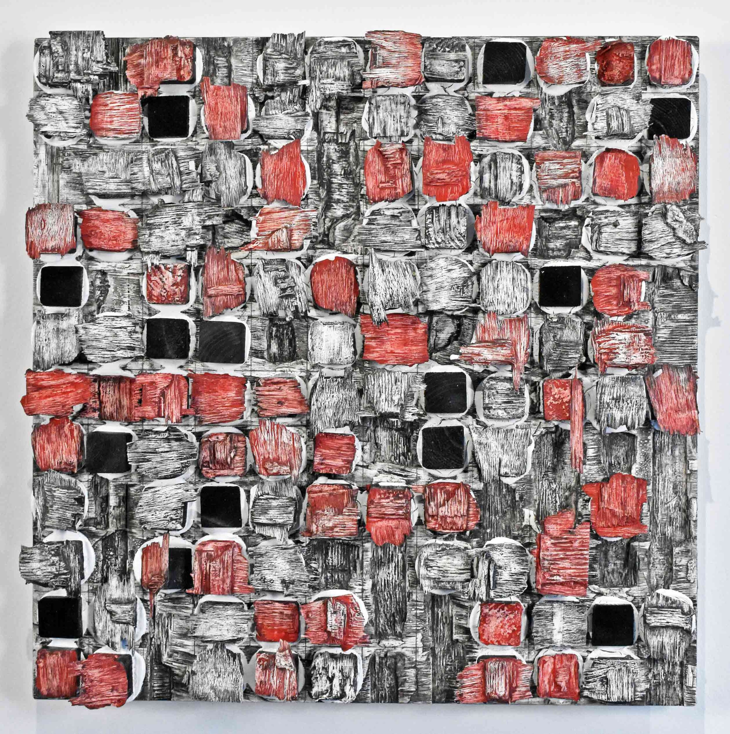   Blocks 3_Black, White and Cadmium Red   2020  wood, acrylic, clay  24 x 24” 