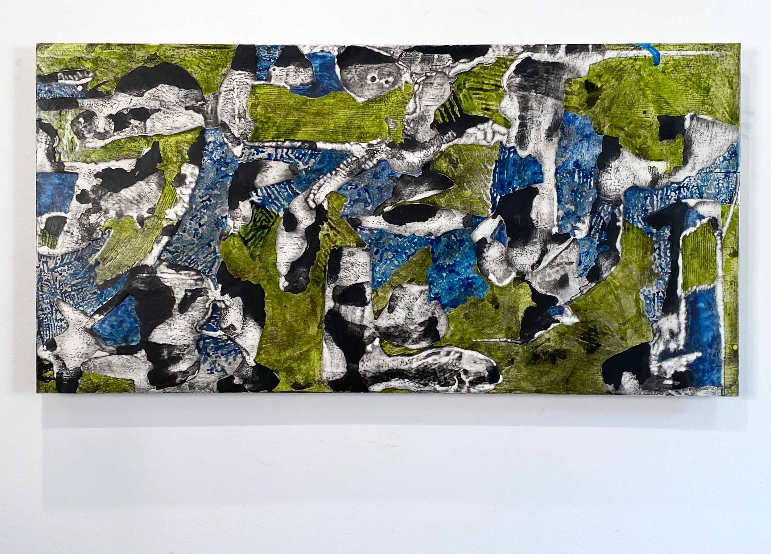   Abstraction_Lime Green, Turquoise, Gray, Black_23   2023  acrylic on clay surface  24 X 48”   