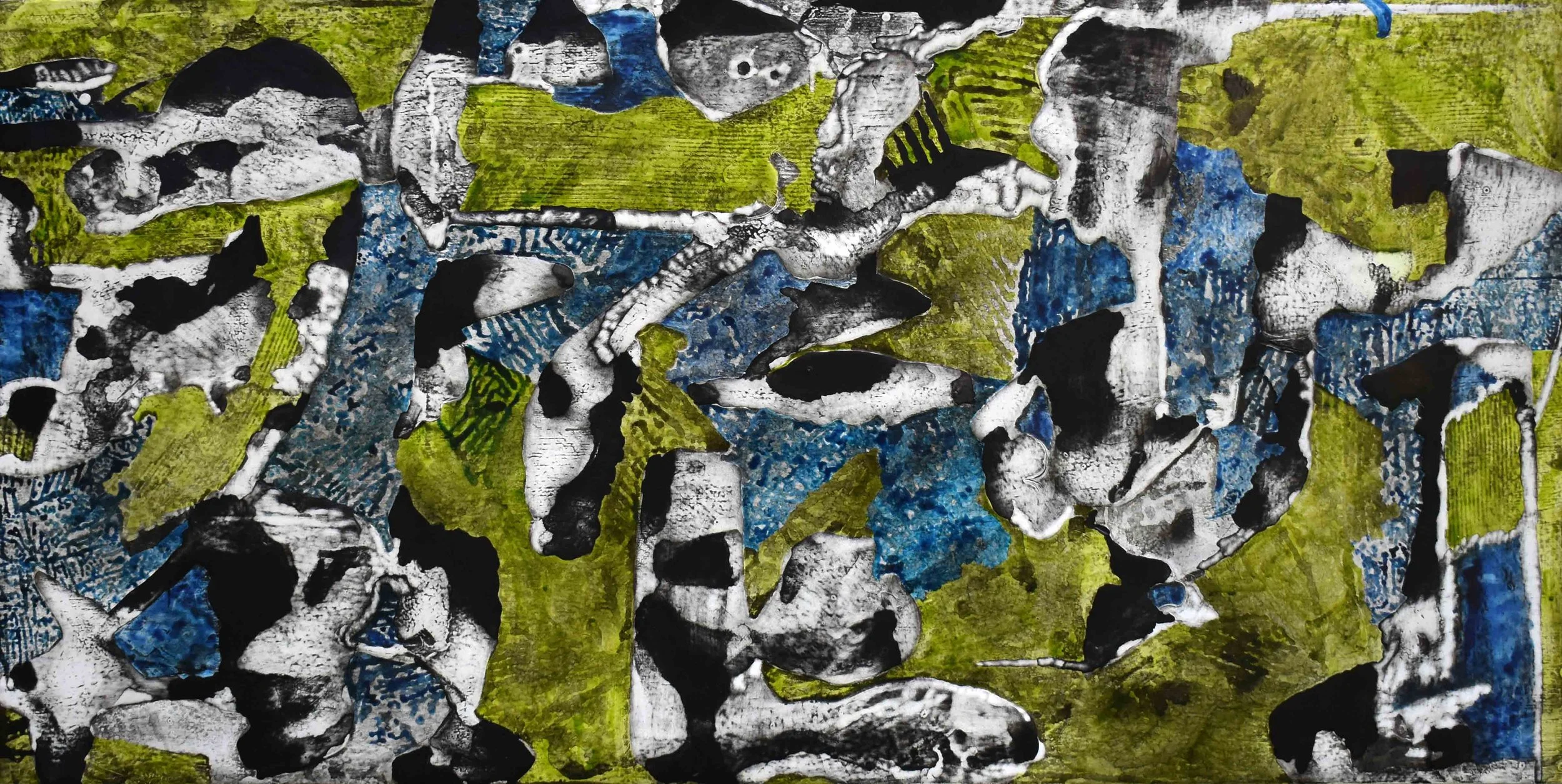   Abstraction_Lime Green, Turquoise, Gray, Black_23   2023  acrylic on clay surface  24 X 48”   