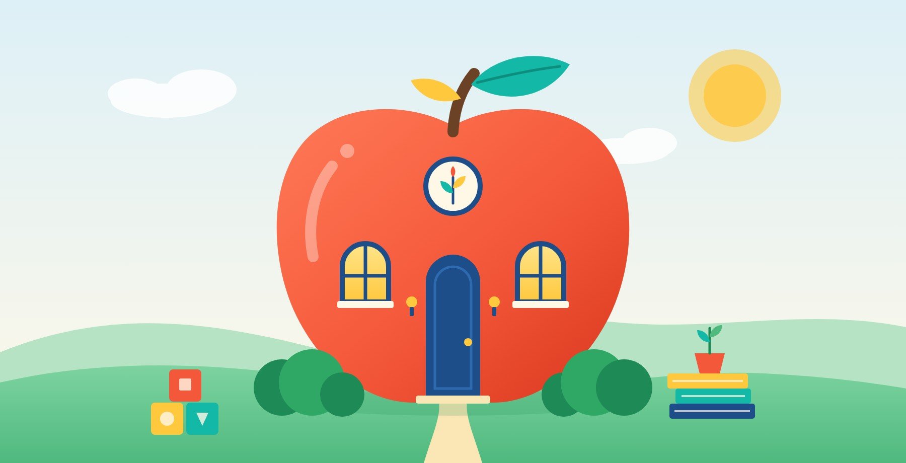 Illustration of an apple-shaped schoolhouse