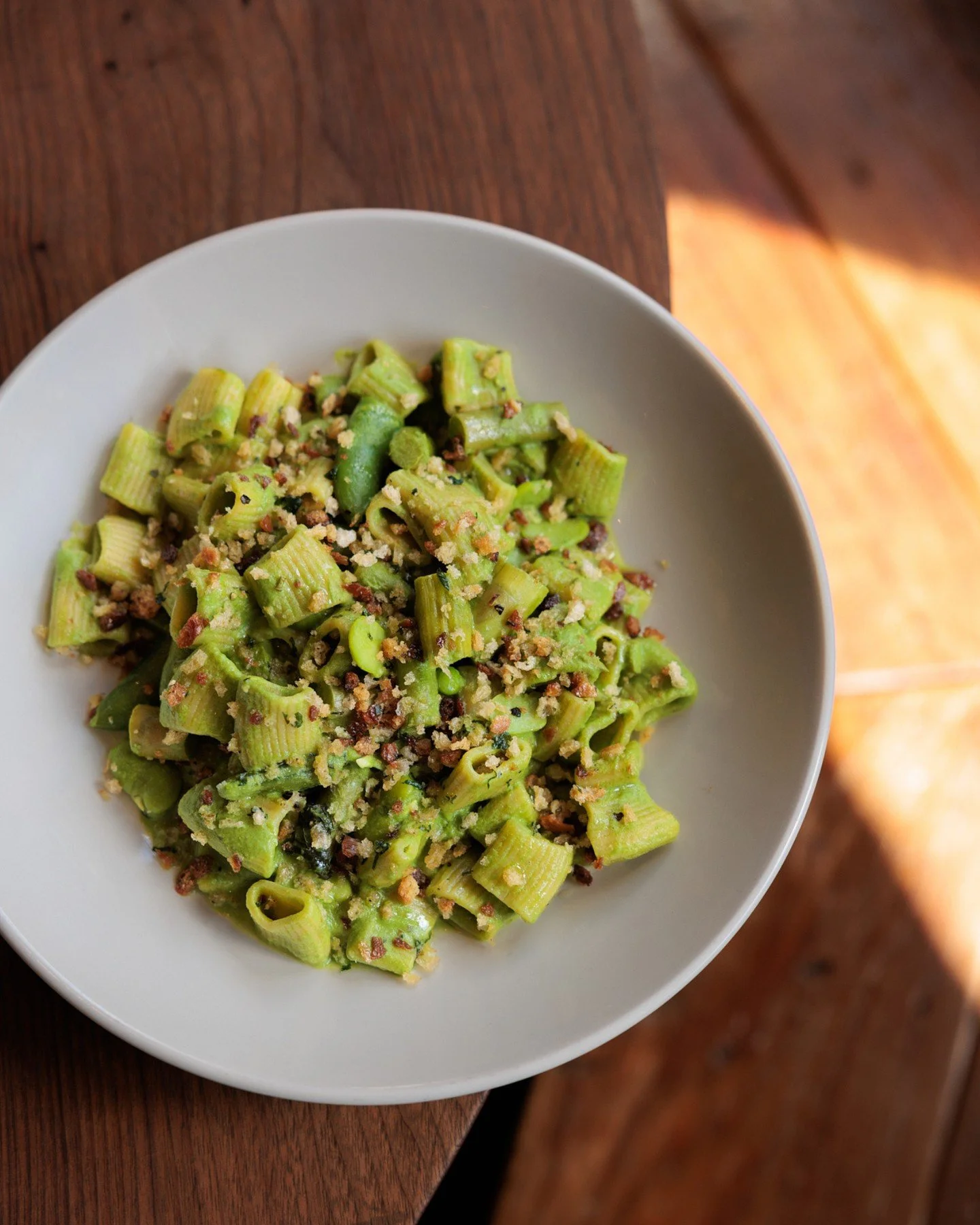 Eat your greens. 🌿 Rigatoni with asparagus, fava beans, lemon oil, and breadcrumbs.