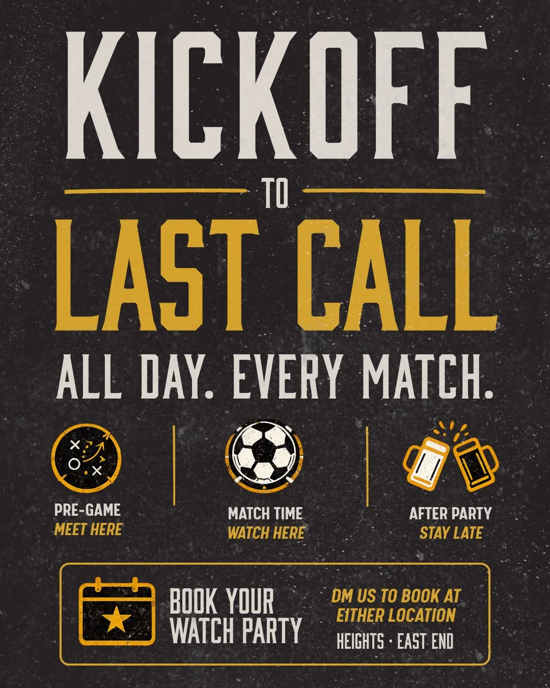 Y'all ready for the biggest month of soccer this city has ever seen? Houston's about to be packed with fans from all over the world. Want to watch a game with your whole crew? We got you. Bookings are open for Heights + East End. DM us to book!