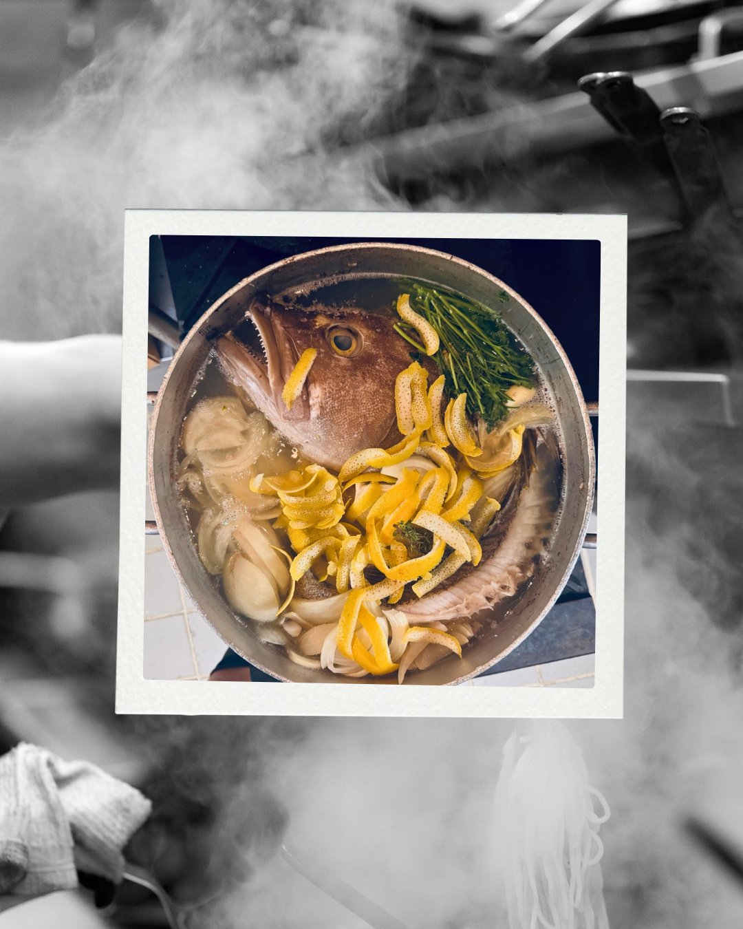 What happens to the rest of the fish once the fillets are cut? We make fum&eacute;. Fish bones, aromatics, onions, citrus peels and water come together to make a flavorful broth that we&rsquo;ll use to cook our fregola, currently featured on our grou