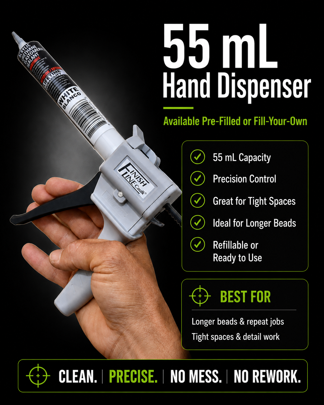 Finish Line Caulk 55 mL hand dispenser shown in use with a pre-filled white sealant cartridge, highlighting precision control, tight-space access, longer beads, and refillable or ready-to-use options.