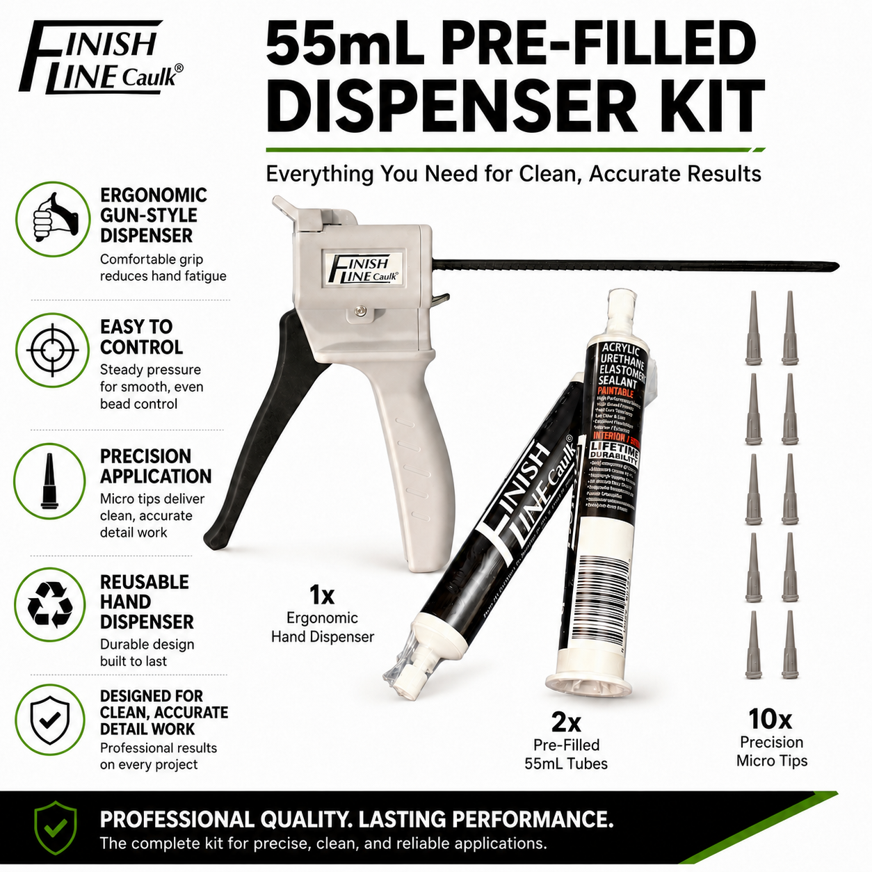 Finish Line Caulk® 55 mL pre-filled precision dispenser kit with hand dispenser, pre-filled sealant tubes, and included dispensing accessories for clean, controlled application.