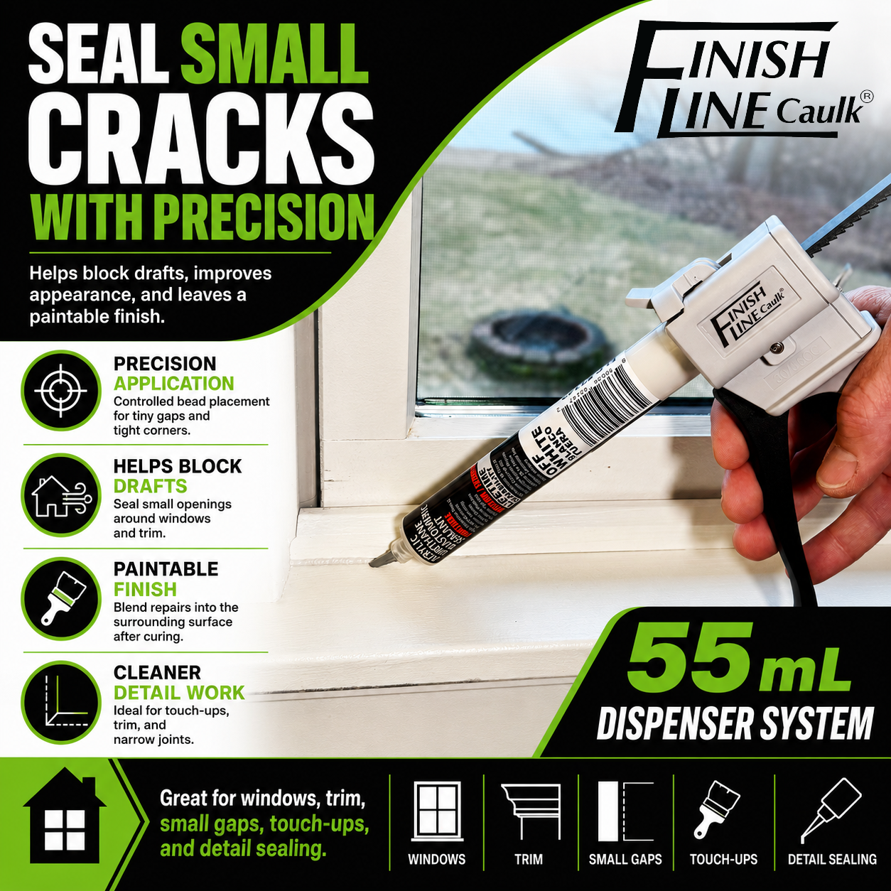 Finish Line Caulk® 55 mL precision hand dispenser applying sealant around window trim, highlighting tight-space access, controlled application, and product features.