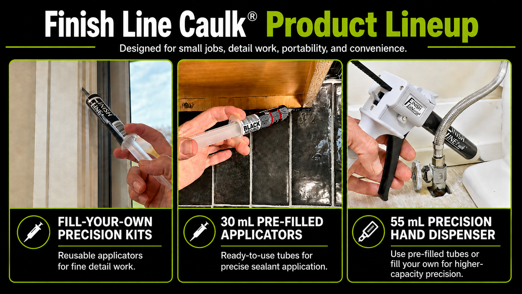 Finish Line Caulk® product lineup showing fill-your-own precision kits, 30 mL pre-filled applicators, and the 55 mL precision hand dispenser in use.