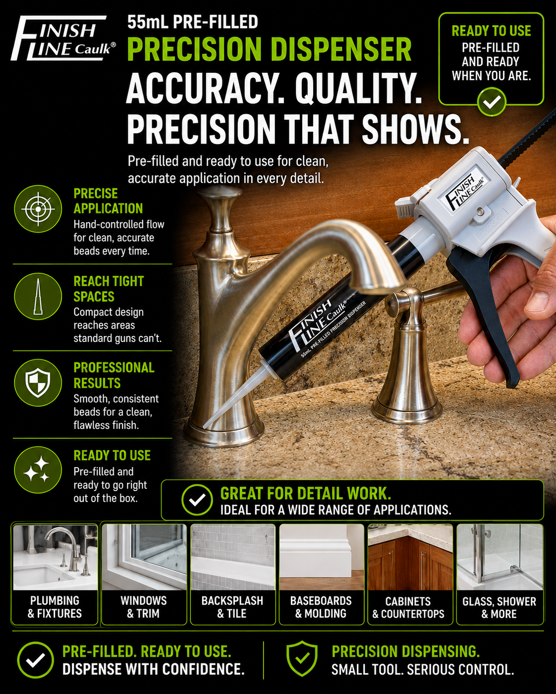 Finish Line Caulk® 55 mL pre-filled precision dispenser applying sealant around a bathroom sink, highlighting controlled application, tight-space use, and ready-to-use convenience.
