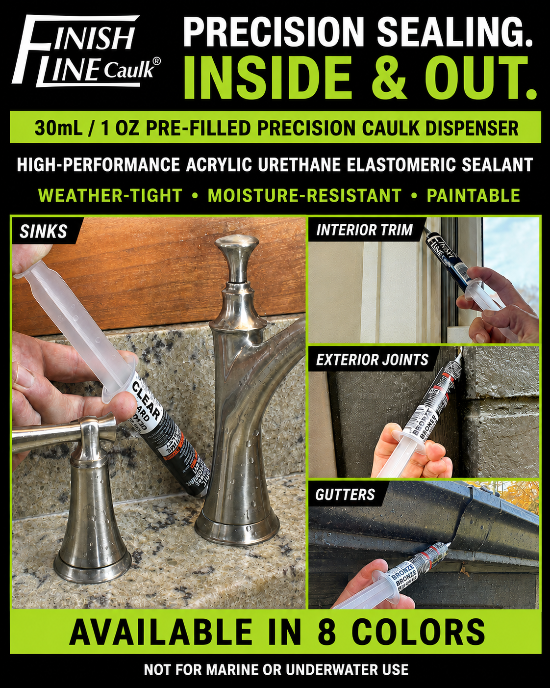 Finish Line Caulk® 30 mL pre-filled precision caulk applicator used around sinks, interior trim, exterior joints, and gutters for indoor and outdoor sealing projects.