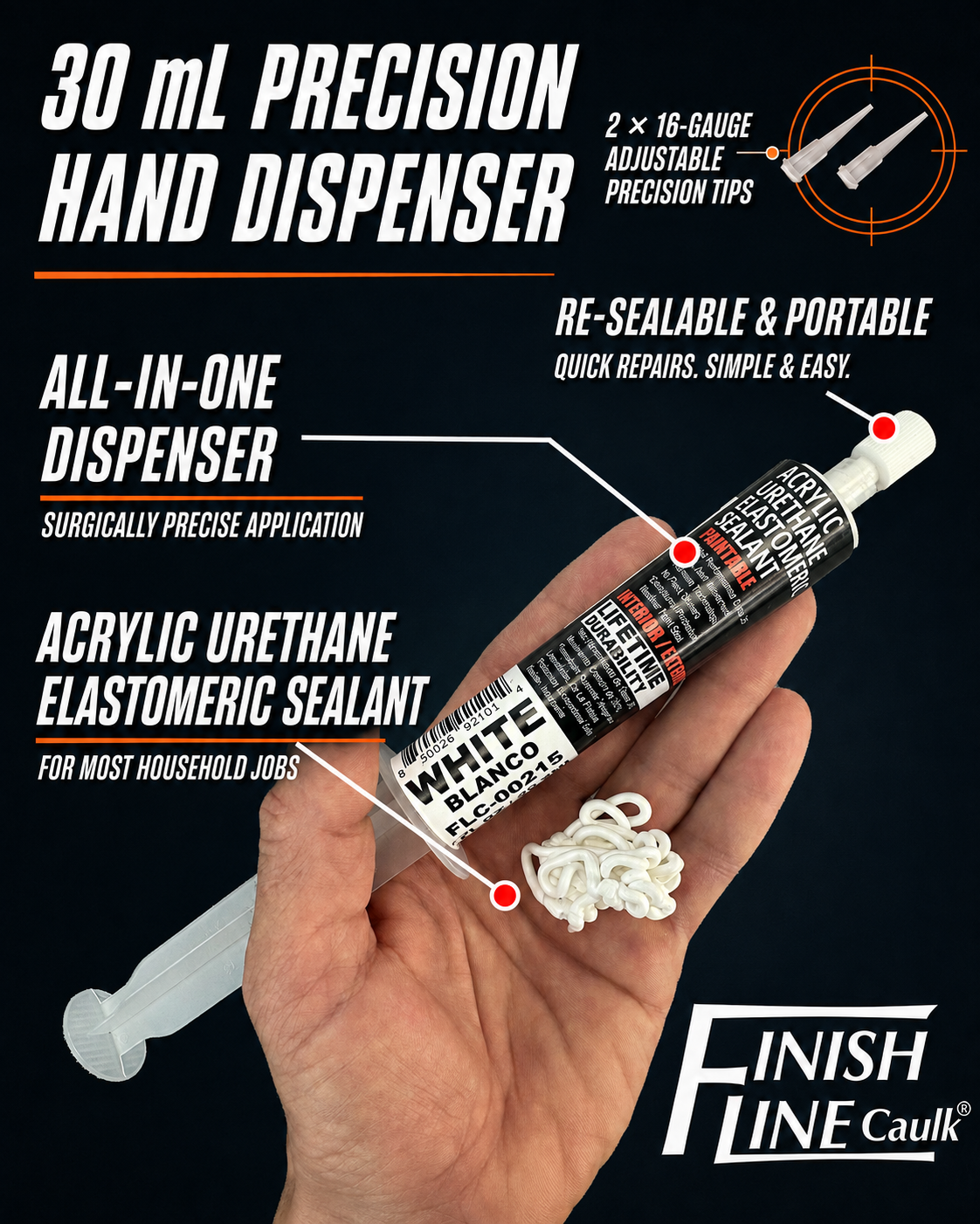 Finish Line Caulk® 30 mL precision hand dispenser with acrylic urethane elastomeric sealant, adjustable precision tips, and resealable portable design for small household caulking jobs.