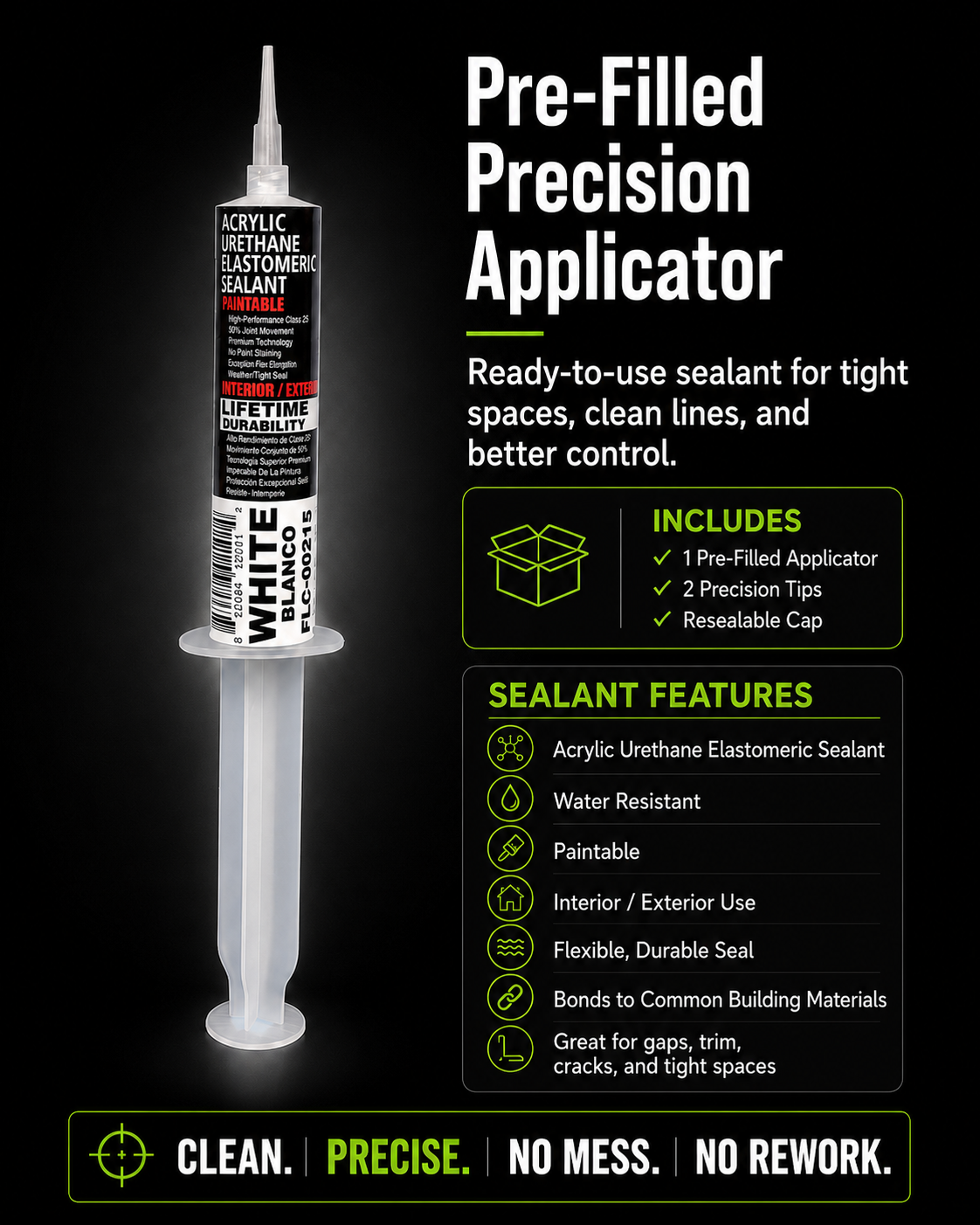 Finish Line Caulk 30 mL pre-filled precision caulk applicator with acrylic urethane elastomeric sealant, precision tips, and resealable cap for clean, controlled application in tight spaces.