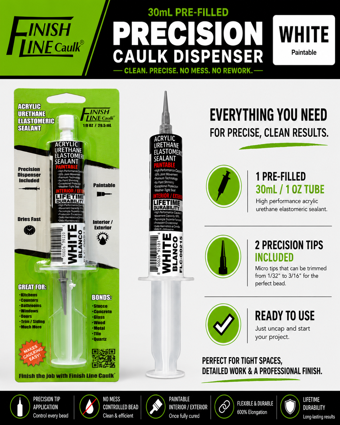 Finish Line Caulk® 30 mL precision hand dispenser with acrylic urethane elastomeric sealant, adjustable precision tips, and resealable portable design for small household caulking jobs.