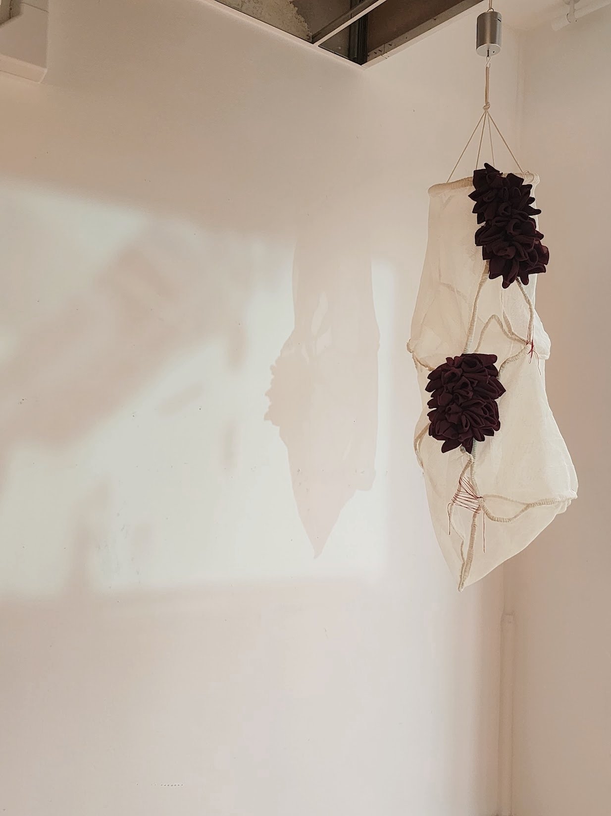 A hanging fabric sculpture with dark brown rosettes, casting a shadow on the white wall behind it.